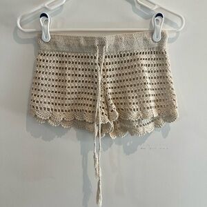 Crochet Beach Shorts Cream Lace Trim Drawstring Size S